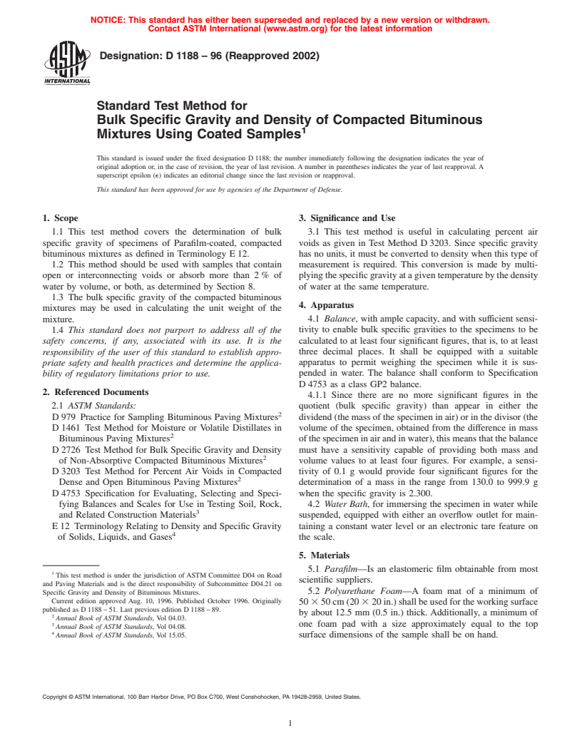 ASTM D1188-96(2002) - Standard Test Method for Bulk Specific Gravity and Density of Compacted Bituminous Mixtures Using Paraffin-Coated Specimens