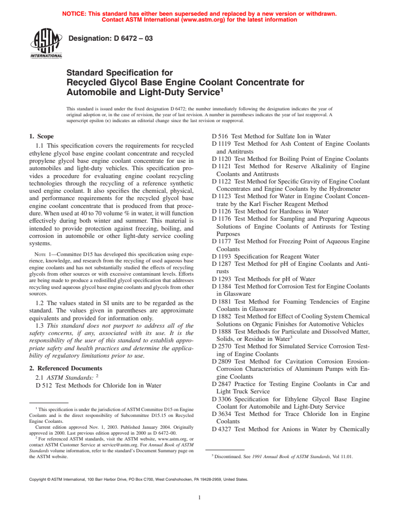 ASTM D6472-03 - Standard Specification for Recycled Glycol Base Engine Coolant Concentrate for Automobile and Light-Duty Service