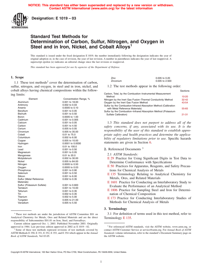 ASTM E1019-03 - Standard Test Methods for Determination of Carbon, Sulfur, Nitrogen, and Oxygen in Steel and in Iron, Nickel, and Cobalt Alloys