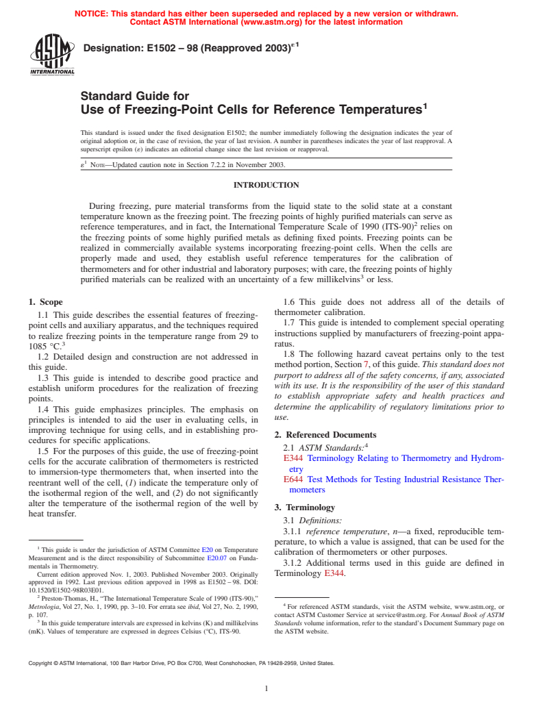 ASTM E1502-98(2003)e1 - Standard Guide for Use of Freezing-Point Cells for Reference Temperatures