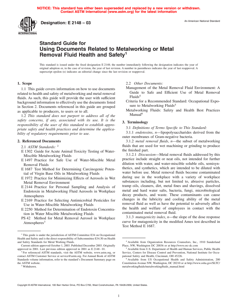 ASTM E2148-03 - Standard Guide for Using Documents Related to Metalworking or Metal Removal Fluid Health and Safety