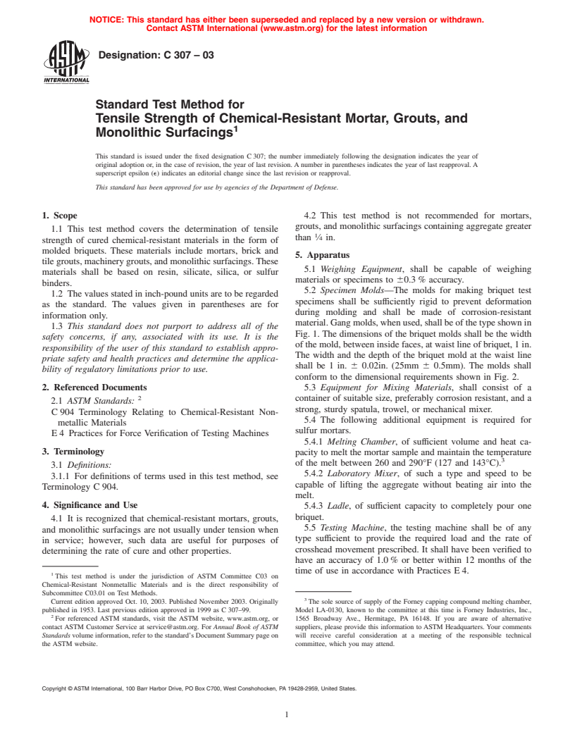 ASTM C307-03 - Standard Test Method for Tensile Strength of Chemical-Resistant Mortar, Grouts, and Monolithic Surfacings