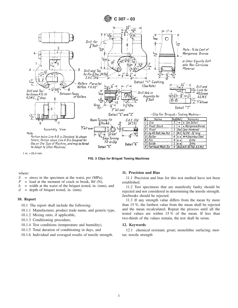 ASTM C307-03 - Standard Test Method for Tensile Strength of Chemical-Resistant Mortar, Grouts, and Monolithic Surfacings