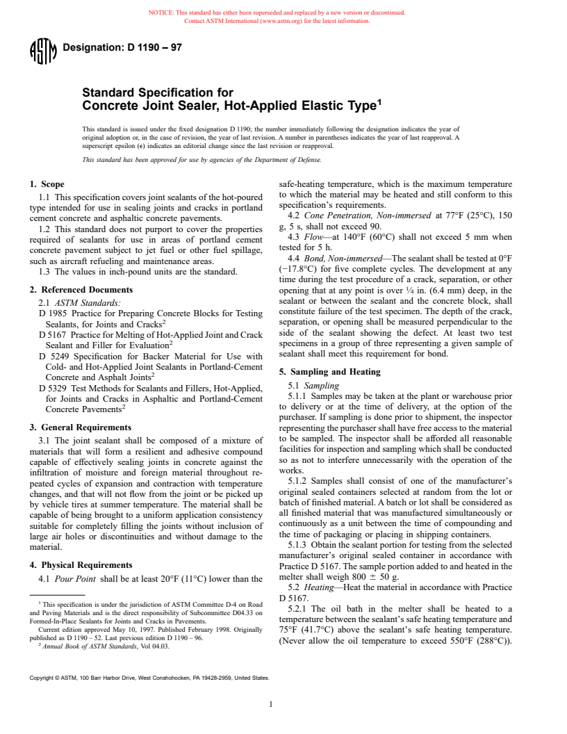 ASTM D1190-97 - Standard Specification for Concrete Joint Sealer, Hot-Applied Elastic Type (Withdrawn 2002)