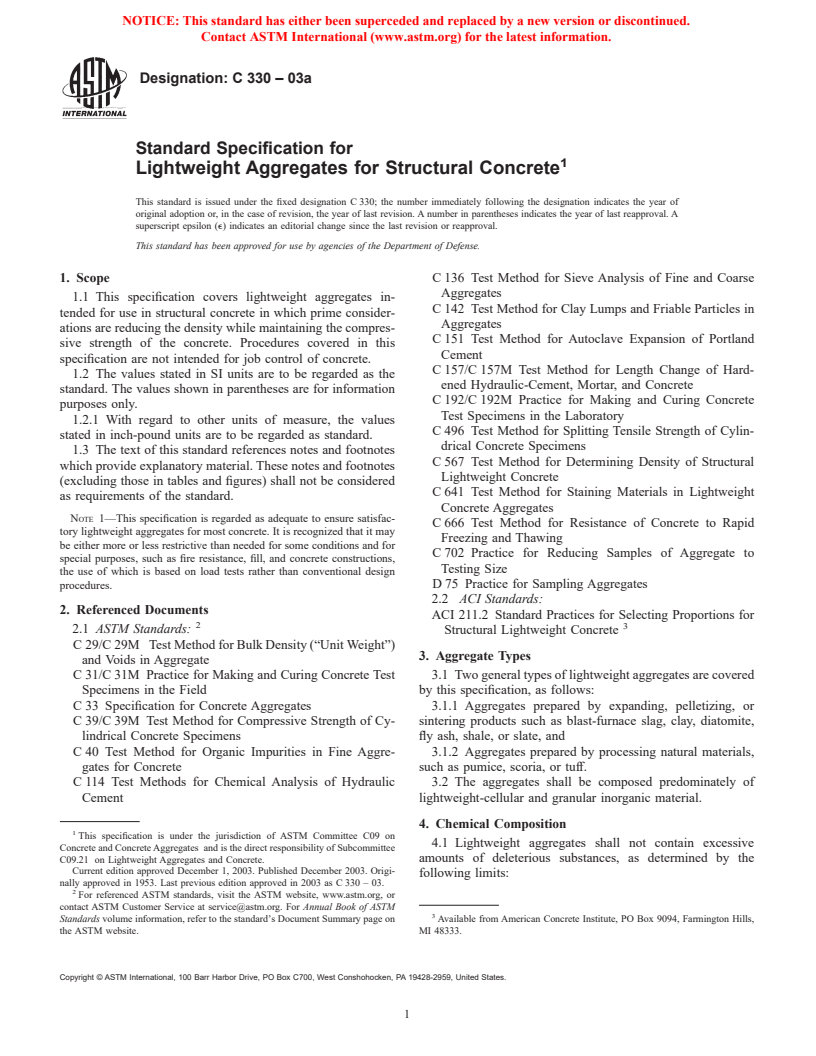 ASTM C330-03a - Standard Specification for Lightweight Aggregates for Structural Concrete