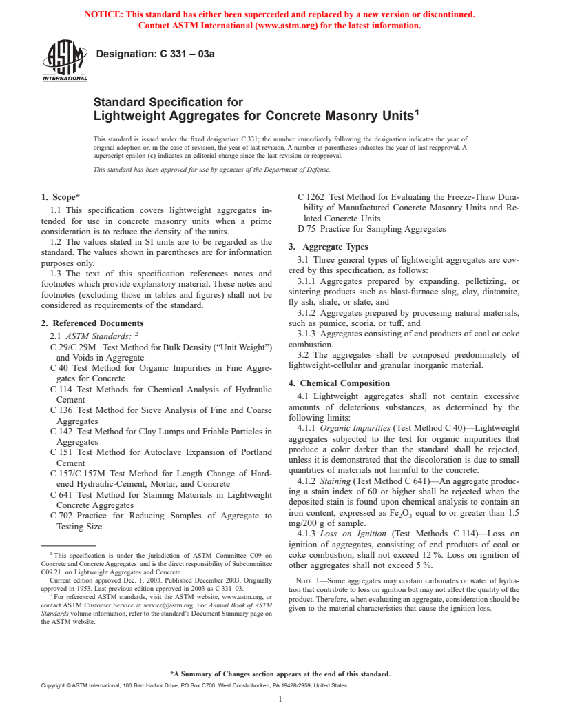 ASTM C331-03a - Standard Specification for Lightweight Aggregates for Concrete Masonry Units