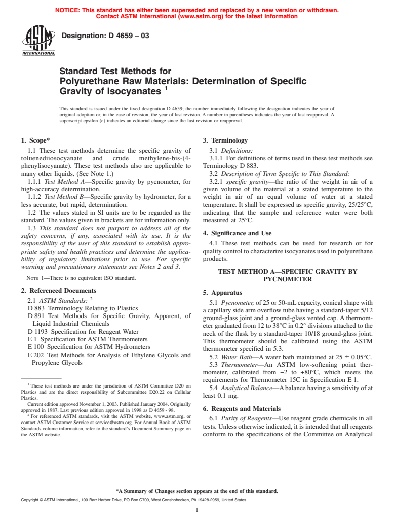 ASTM D4659-03 - Standard Test Methods for Polyurethane Raw Materials: Determination of Specific Gravity of Isocyanates