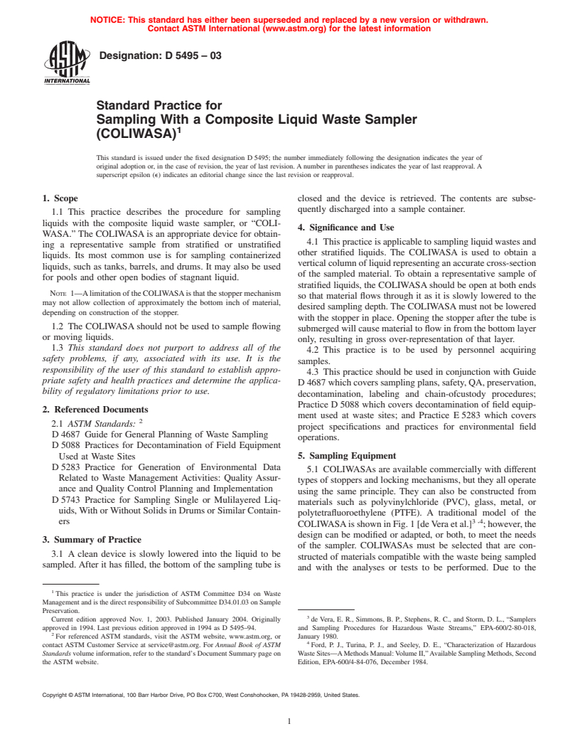 ASTM D5495-03 - Standard Practice for Sampling With a Composite Liquid Waste Sampler (COLIWASA)