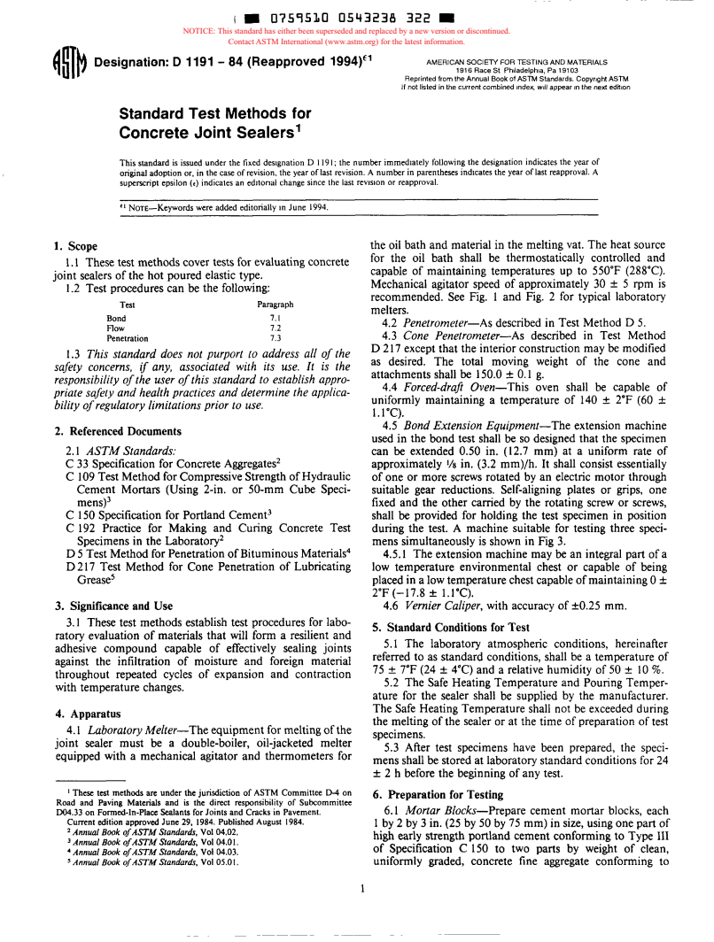 ASTM D1191-84(1994)e1 - Standard Test Method for Concrete Joint Sealers (Withdrawn 1996)