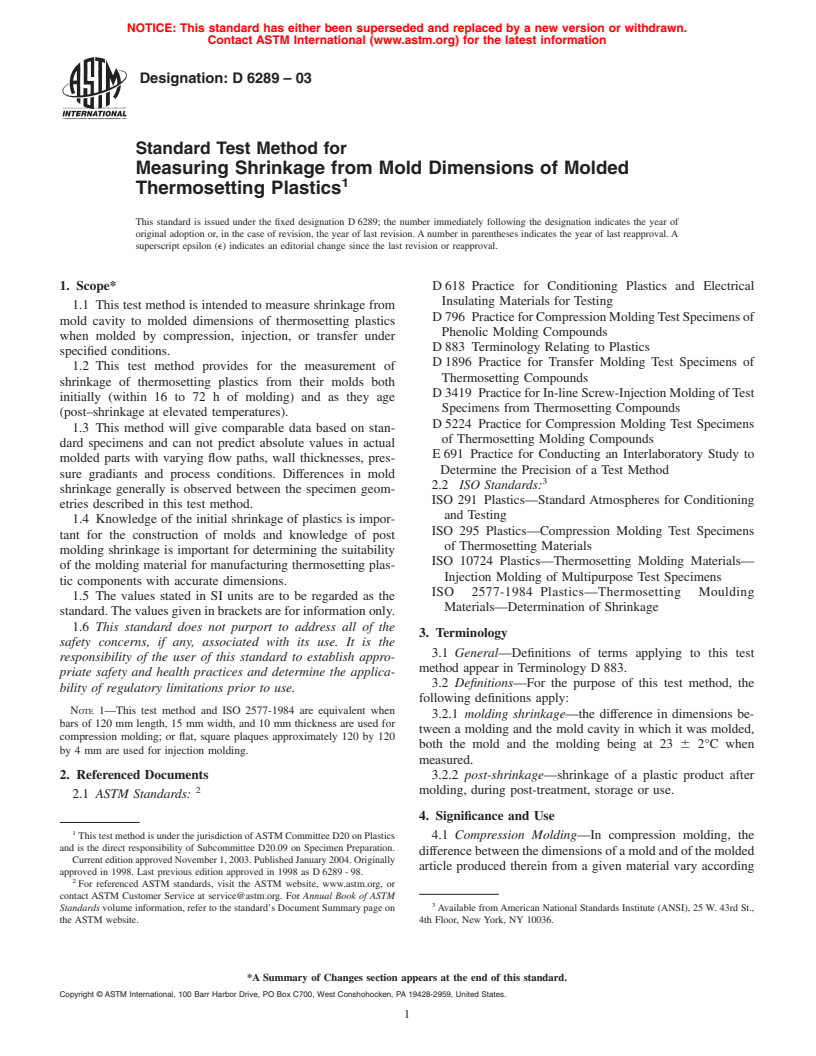 ASTM D6289-03 - Standard Test Method for Measuring Shrinkage from Mold Dimensions of Molded Thermosetting Plastics