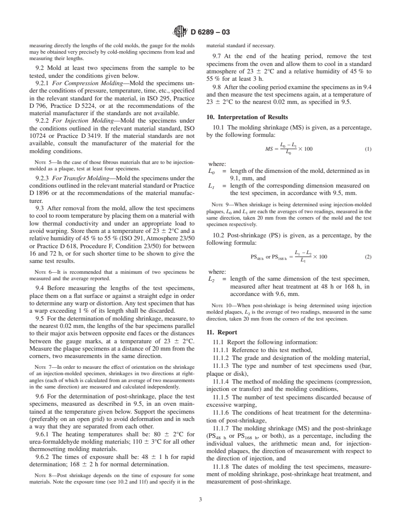 ASTM D6289-03 - Standard Test Method for Measuring Shrinkage from Mold Dimensions of Molded Thermosetting Plastics