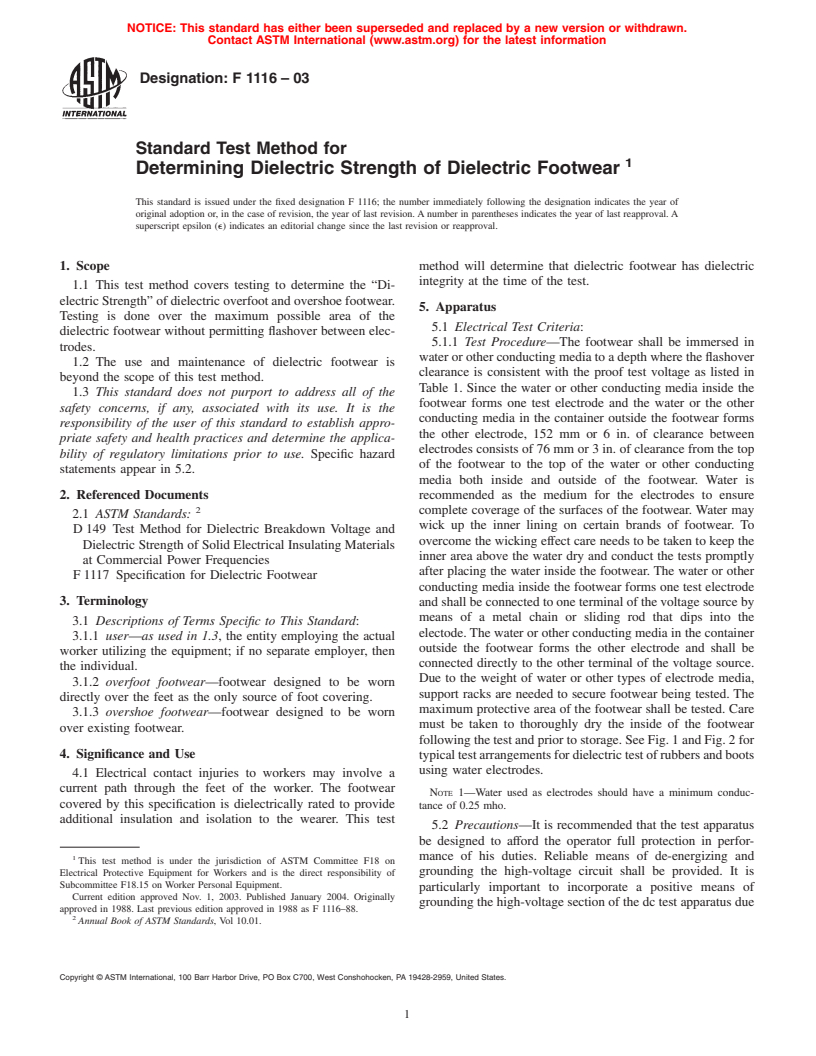 ASTM F1116-03 - Standard Test Method for Determining Dielectric Strength of Dielectric Footwear