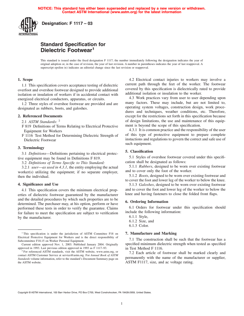 ASTM F1117-03 - Standard Specification for Dielectric Footwear