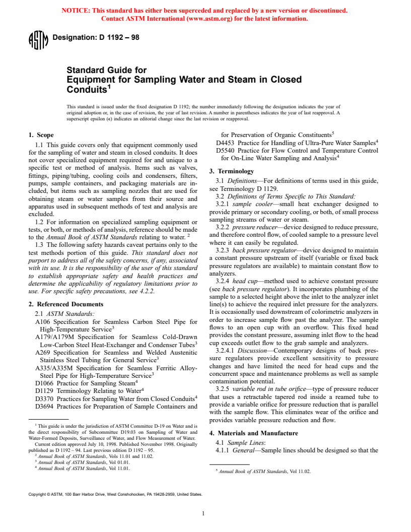 ASTM D1192-98 - Standard Guide for Equipment for Sampling Water and Steam in Closed Conduits (Withdrawn 2003)