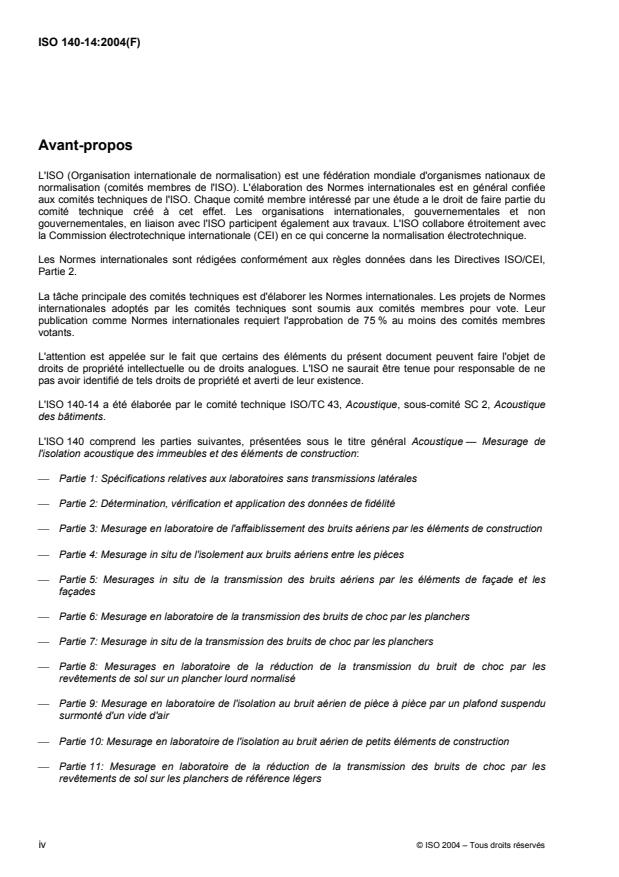 ISO 140-14:2004 ISO 140-14:2004 - Acoustique -- Mesurage de l'isolation acoustique des immeubles et des éléments de construction - Page 4 preview