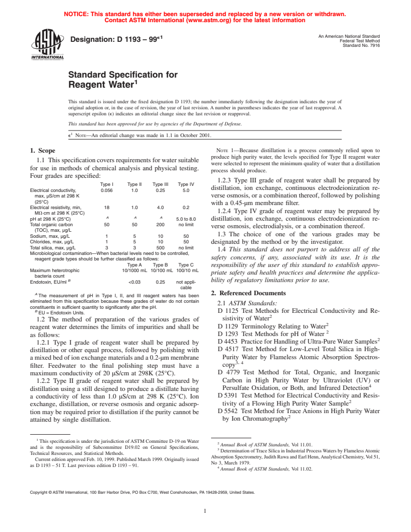 ASTM D1193-99e1 - Standard Specification for Reagent Water