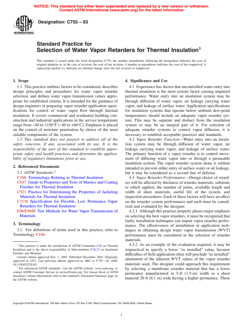 ASTM C755-03 - Standard Practice for Selection of Water Vapor Retarders for Thermal Insulation
