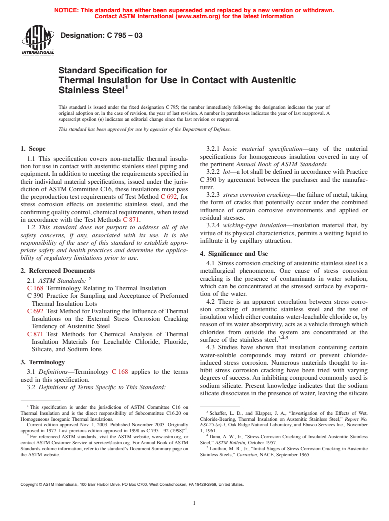 ASTM C795-03 - Standard Specification for Thermal Insulation for Use in Contact with Austenitic Stainless Steel