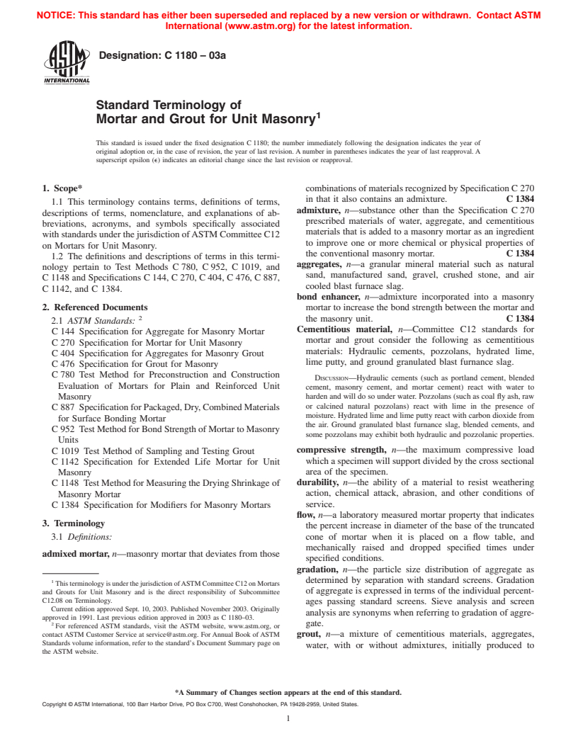 ASTM C1180-03a - Standard Terminology of Mortar and Grout for Unit Masonry