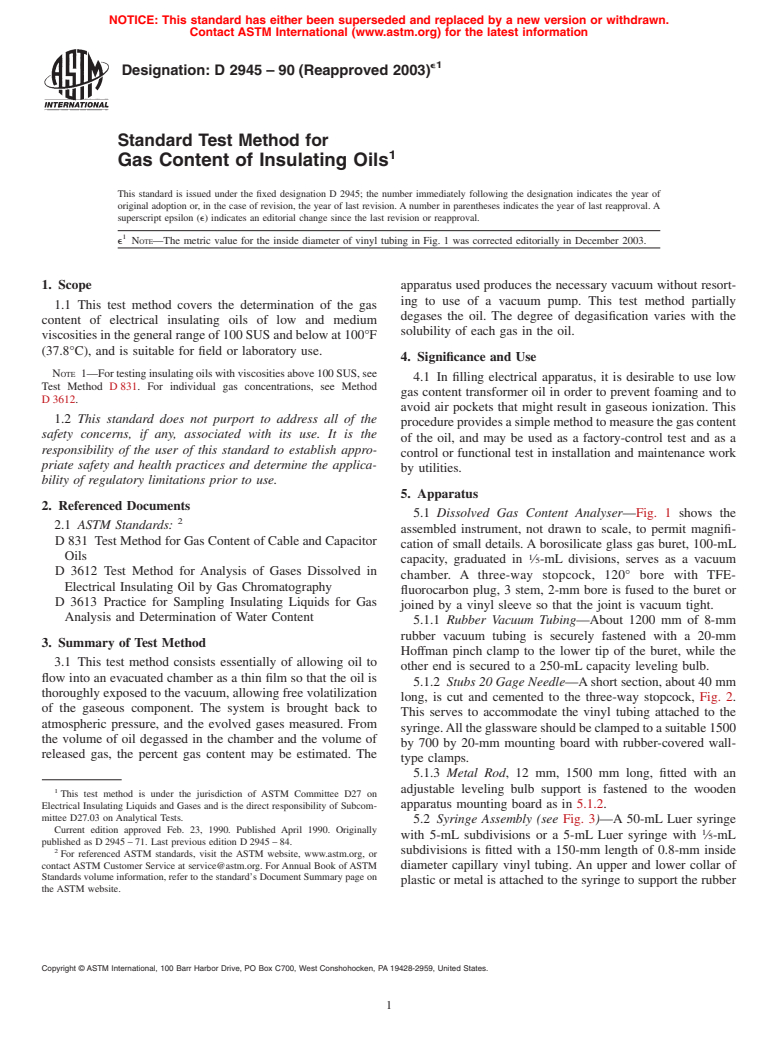 ASTM D2945-90(2003)e1 - Standard Test Method for Gas Content of Insulating Oils