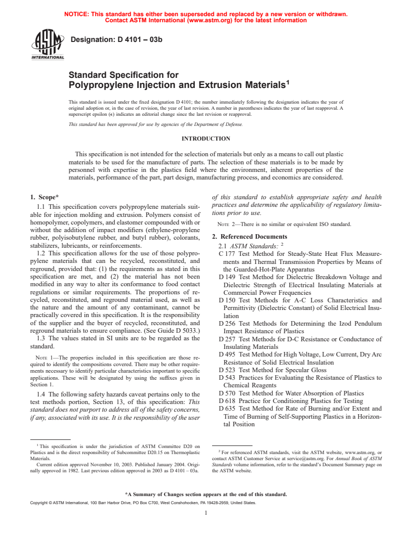 ASTM D4101-03b - Standard Specification for Polypropylene Injection and Extrusion Materials