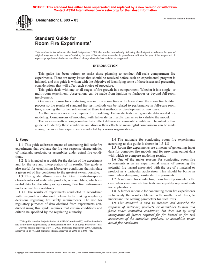 ASTM E603-03 - Standard Guide for Room Fire Experiments