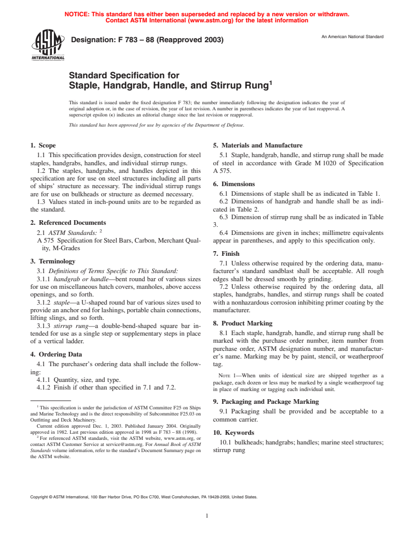 ASTM F783-88(2003) - Standard Specification for Staple, Handgrab, Handle, and Stirrup Rung