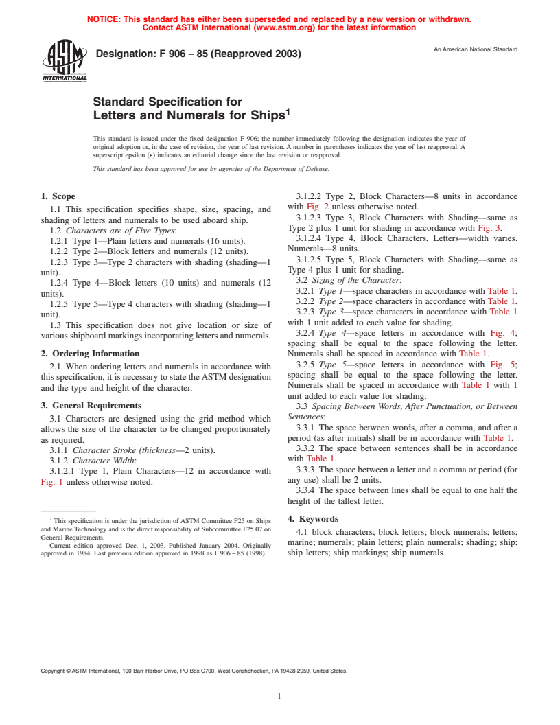 ASTM F906-85(2003) - Standard Specification for Letters and Numerals for Ships