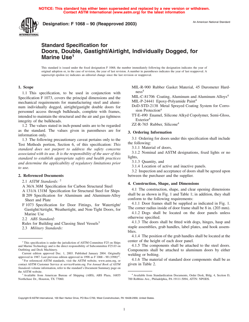 ASTM F1068-90(2003) - Standard Specification for Doors, Double, Gastight/Airtight, Individually Dogged, for Marine Use