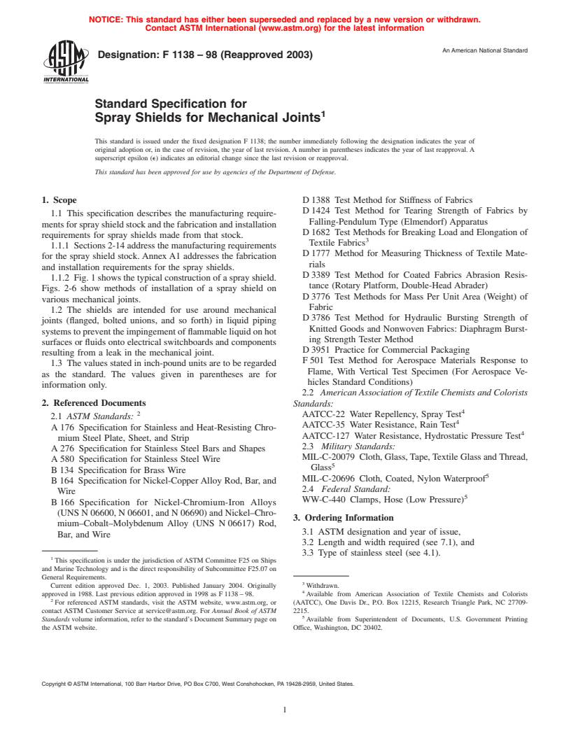 ASTM F1138-98(2003) - Standard Specification for Spray Shields for Mechanical Joints