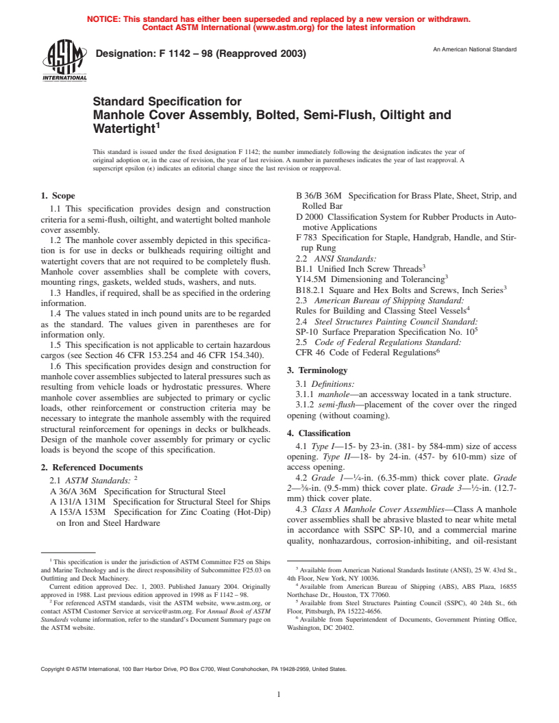 ASTM F1142-98(2003) - Standard Specification for Manhole Cover Assembly Bolted, Semi-Flush, Oiltight and Watertight