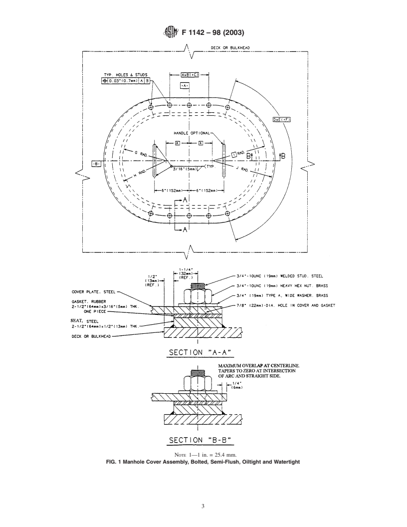 ASTM F1142-98(2003) - Standard Specification for Manhole Cover Assembly Bolted, Semi-Flush, Oiltight and Watertight