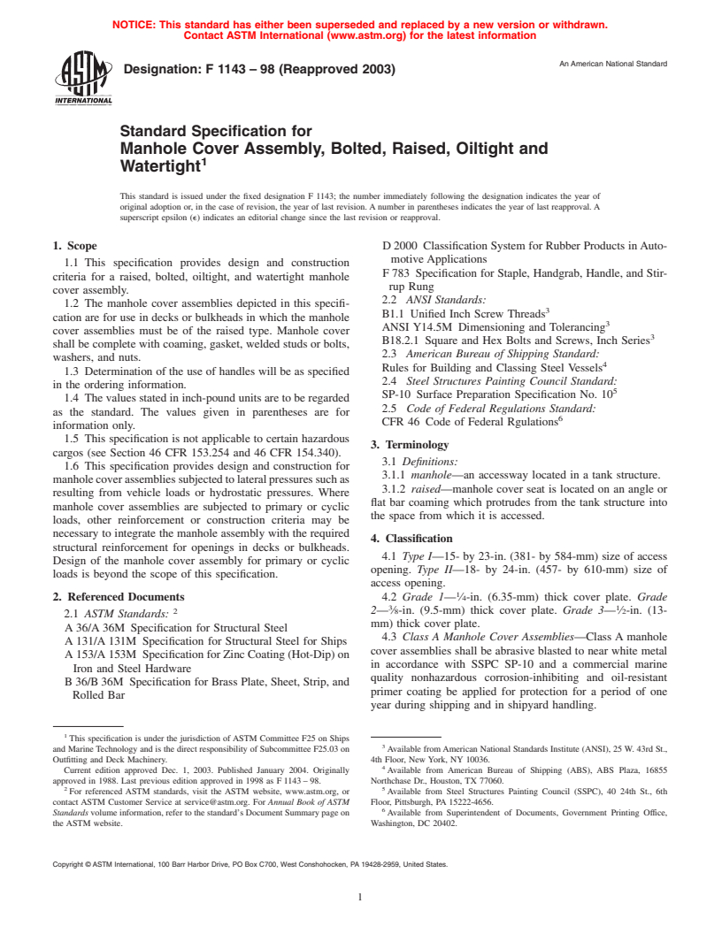 ASTM F1143-98(2003) - Standard Specification for Manhole Cover Assembly, Bolted, Raised, Oiltight and Watertight