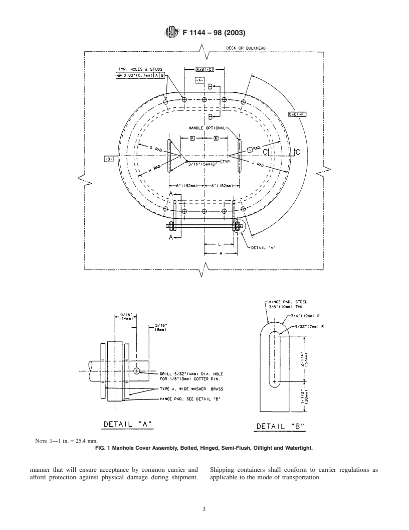 ASTM F1144-98(2003) - Standard Specification for Manhole Cover Assembly, Bolted, Semi-Flush, Oiltight and Watertight, Hinged