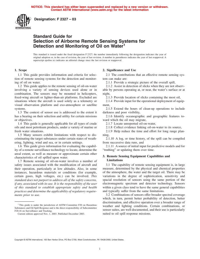 ASTM F2327-03 - Standard Guide for Selection of Airborne Remote Sensing Systems for Detection and Monitoring of Oil on Water