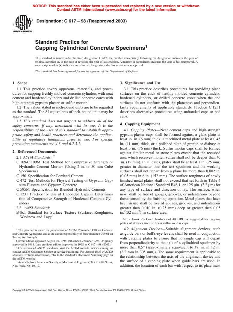 ASTM C617-98(2003) - Standard Practice for Capping Cylindrical Concrete Specimens