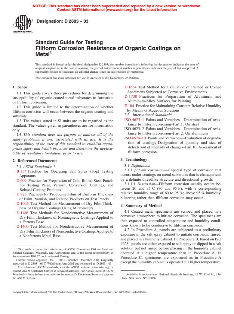 ASTM D2803-03 - Standard Guide for Testing Filiform Corrosion Resistance of Organic Coatings on Metal