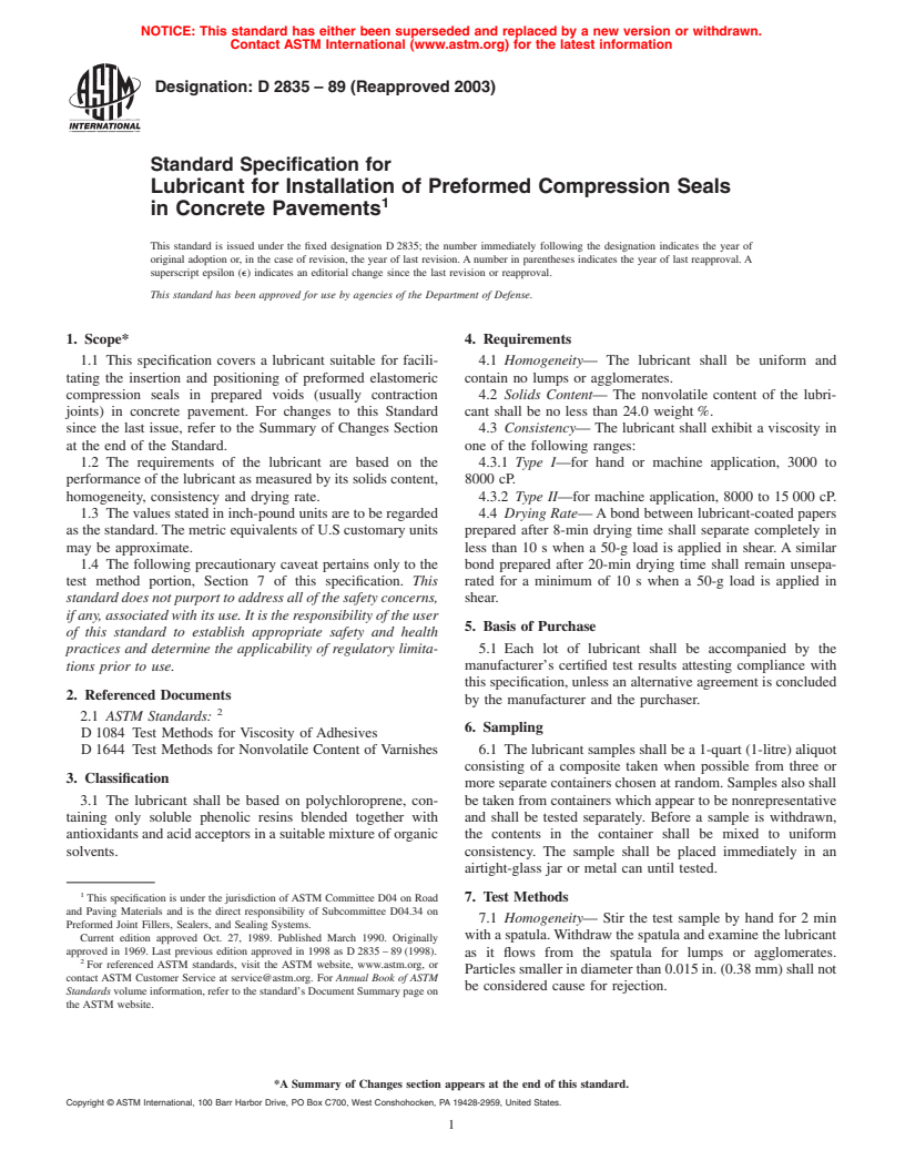 ASTM D2835-89(2003) - Standard Specification for Lubricant for Installation of Preformed Compression Seals in Concrete Pavements