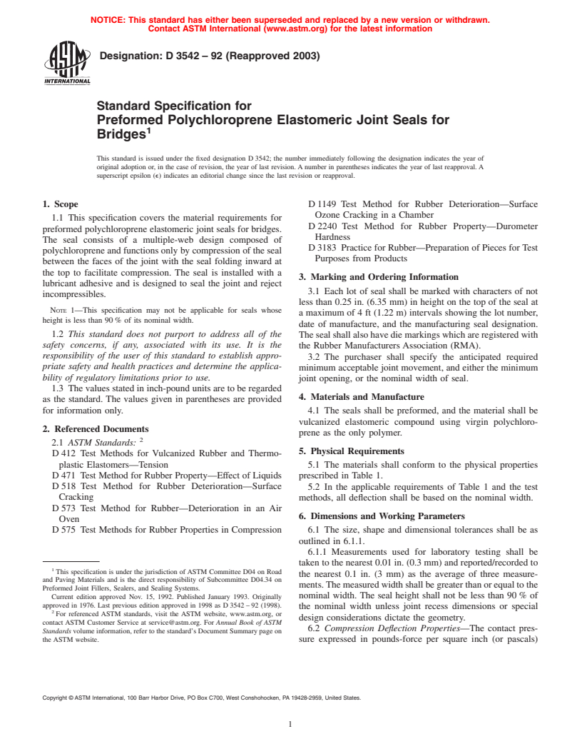 ASTM D3542-92(2003) - Standard Specification for Preformed Polychloroprene Elastomeric Joint Seals for Bridges