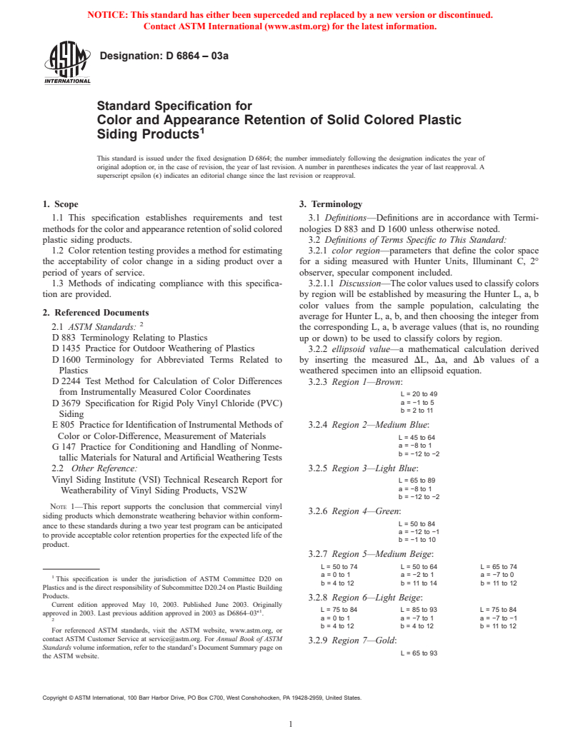 ASTM D6864-03a - Standard Specification for Color and Appearance Retention of Solid Colored Plastic Siding Products