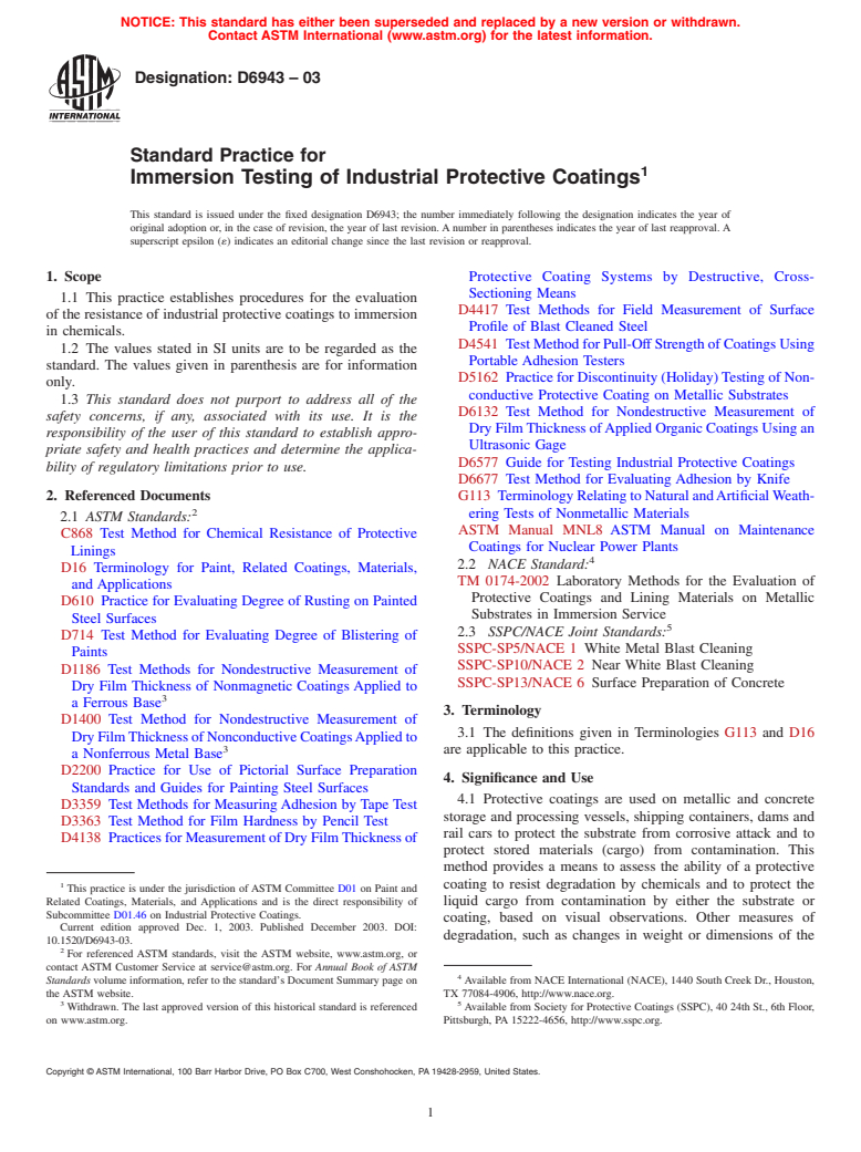 ASTM D6943-03 - Standard Practice for Immersion Testing of Industrial Protective Coatings