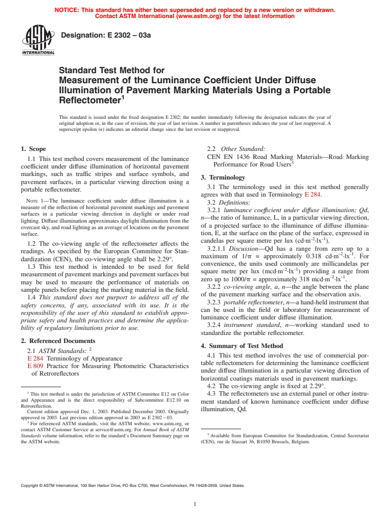 ASTM E2302-03a - Standard Test Method for Measurement of the Luminance Coefficient Under Diffuse Illumination of Pavement Marking Materials Using a Portable Reflectometer