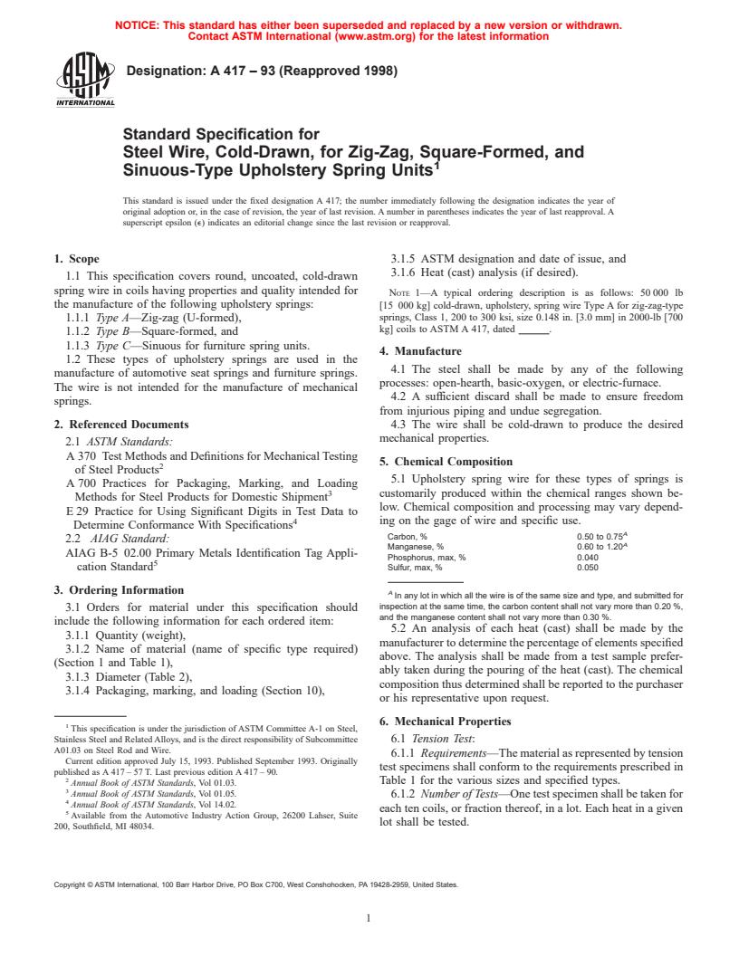 ASTM A417-93(1998) - Standard Specification for Steel Wire, Cold-Drawn, for Zig-Zag, Square-Formed, and Sinuous-Type Upholstery Spring Units