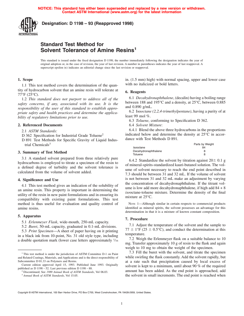 ASTM D1198-93(1998) - Standard Test Method for Solvent Tolerance of Amine Resins (Withdrawn 2007)