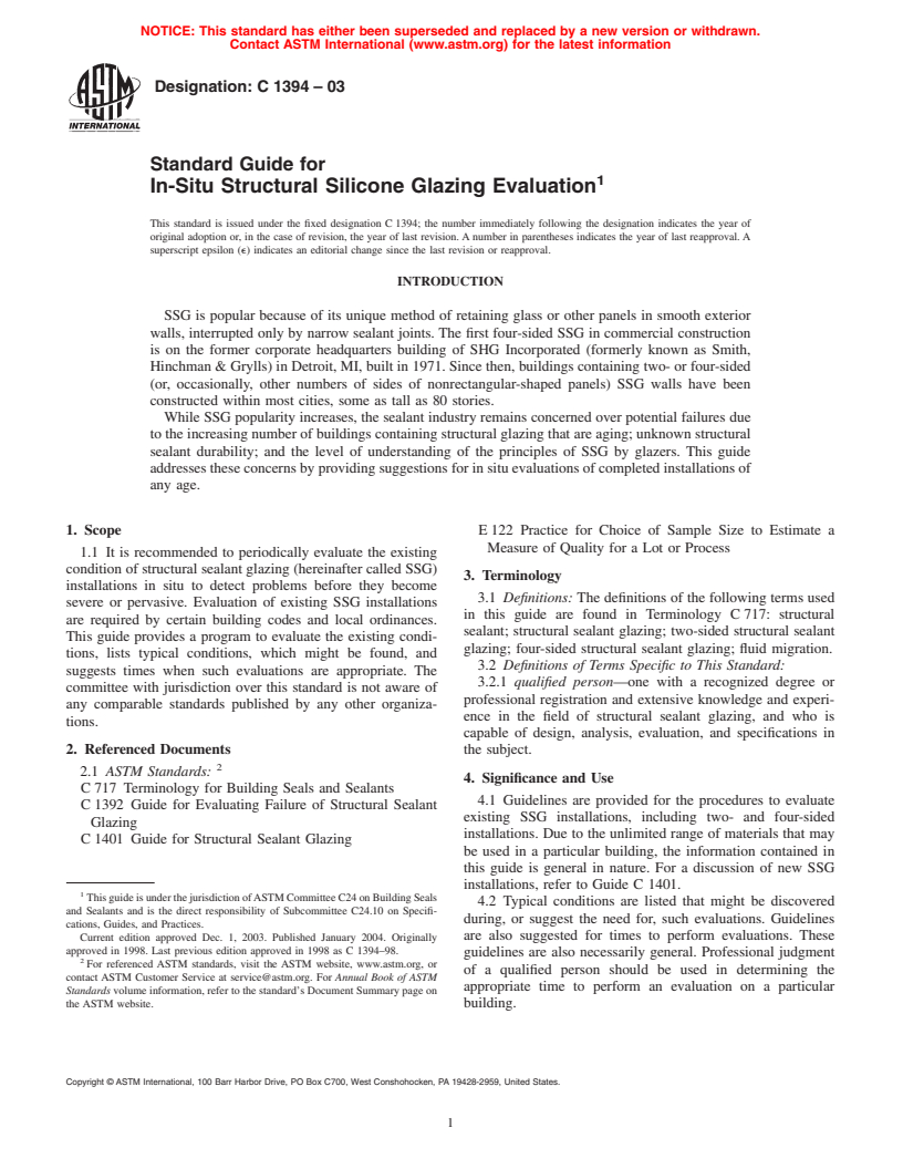 ASTM C1394-03 - Standard Guide for In-Situ Structural Silicone Glazing Evaluation