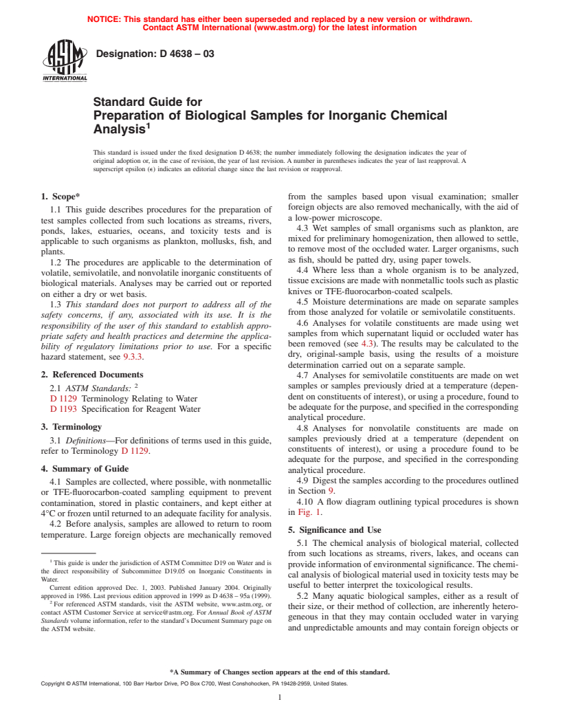 ASTM D4638-03 - Standard Guide for Preparation of Biological Samples for Inorganic Chemical Analysis