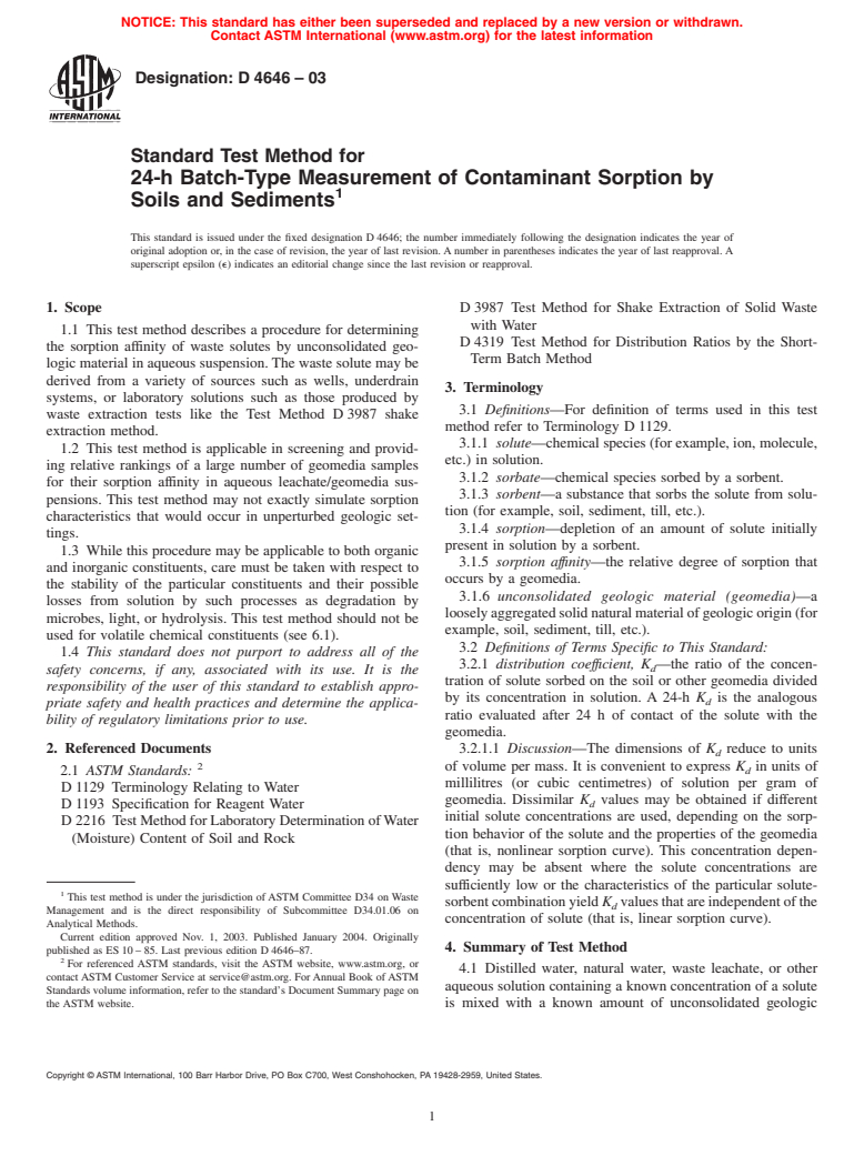 ASTM D4646-03 - Standard Test Method for 24-h Batch-Type Measurement of Contaminant Sorption by Soils and Sediments