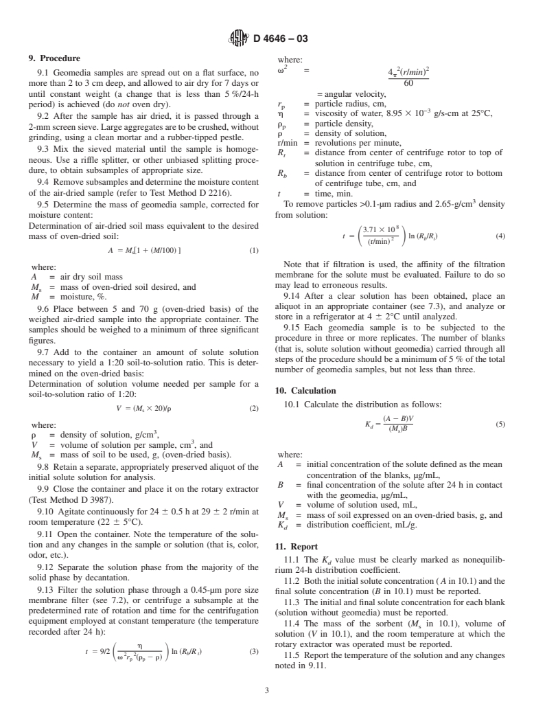 ASTM D4646-03 - Standard Test Method for 24-h Batch-Type Measurement of Contaminant Sorption by Soils and Sediments