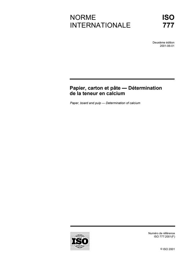 ISO 777:2001 - Papier, carton et pâte -- Détermination de la teneur en calcium