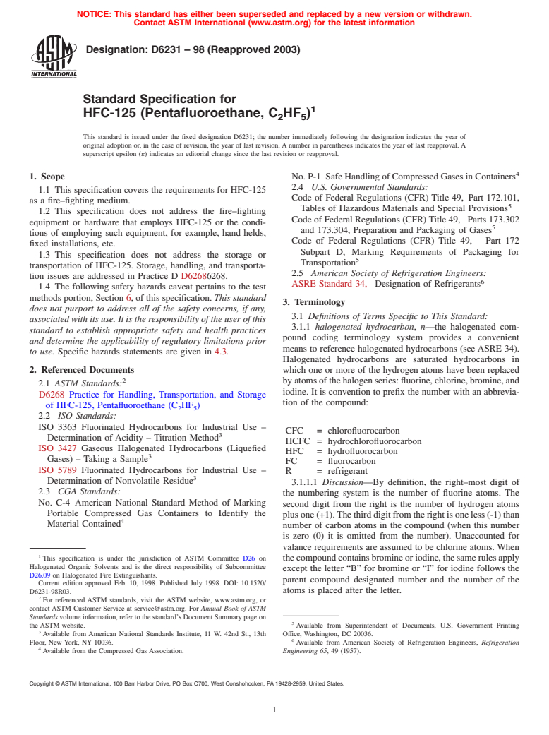 ASTM D6231-98(2003) - Standard Specification for HFC-125 (Pentafluoroethane, C<sub>2</sub>HF<sub>5</sub>)